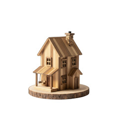 Handcrafted Wooden Miniature House with Detailed Facade and Chimney on a Natural Wood Base Isolated on Black Background Studio Shot