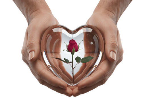 Hands holding a heartshaped glass with a red rose inside isolated on transparent background