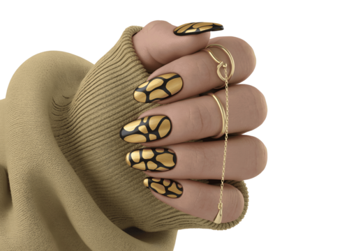 Hand with golden nails and rings isolated on transparent background