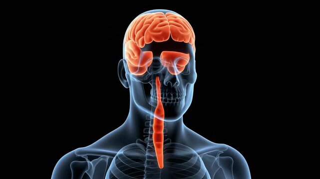 Anatomical illustration of the human brainstem, midbrain, and pons.