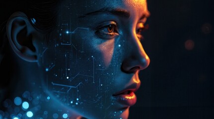 A close-up of a young woman with dark hair, illuminated by blue and orange lights. Digital patterns are projected on her face, suggesting a futuristic theme.