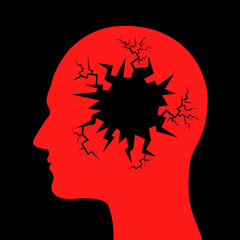 Broken brain as poor mental health and mental disorder - degradation, worsening and deterioration of human head because of depression, dementia, alzheimer, nervous breakdown. Vector illustration.