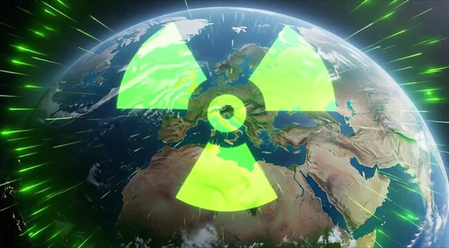 Earth from space with radioactive warning symbol and explosion effect emphasizing environmental danger and global risk