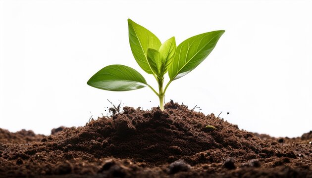 green plant sprouting from rich soil white isolated background