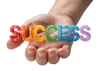 Hand holding colorful success letters isolated on transparent background
