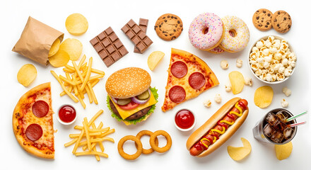 Flat lay of pizza, burgers, fries, donuts, and chocolate on white surface. Ideal for themes of indulgence, fast food