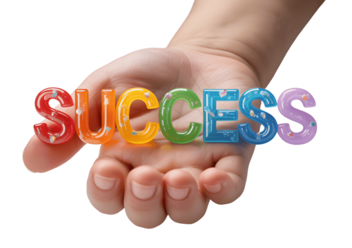 Hand holding colorful success letters isolated on transparent background - Powered by Adobe