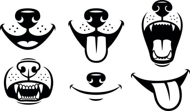 Dog nose and mouth expressions vector set showing various playful and aggressive animal faces in black and white style