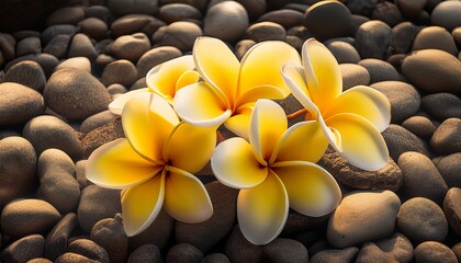 Obraz premium a cluster of yellow plumeria flowers arranged on rocky ground