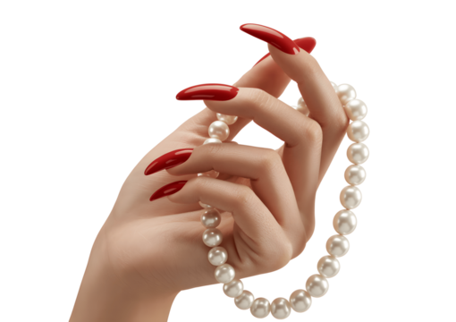 Hand holding a pearl necklace isolated on transparent background