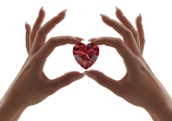Hands holding a red heart shaped gem isolated on transparent background