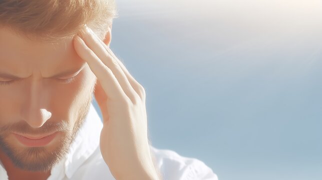 Young man with light brown hair is holding his head in distress, expressing feelings of anxiety and stress against a soft blue background, conveying emotional struggle and vulnerability