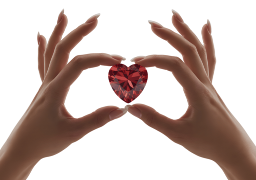 Hands holding a red heart shaped gem isolated on transparent background