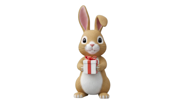 A Fluffy Brown Rabbit Holding a Red and White Gift Box with a Transparent Background