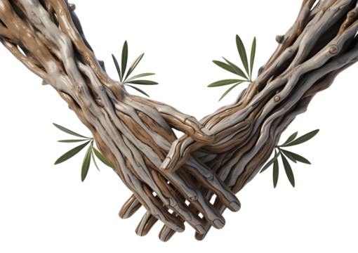 Two wooden hands shaking isolated on transparent background