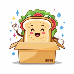 Happy sandwich character in a box with transparent background