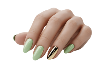 Hand with green and gold nails isolated on transparent background
