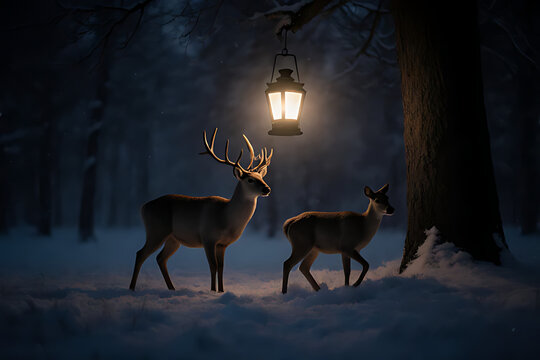 Enchanting Winter Scene with a Family of Deer Under a Glowing Lantern in a Snowy Forest at Twilight