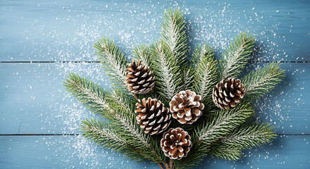 Festive Christmas fir branch with pine cones and a dusting of snow on a rustic blue wooden background for a winter holiday card