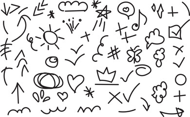 Collection of hand drawn doodle icons and symbols on a white background