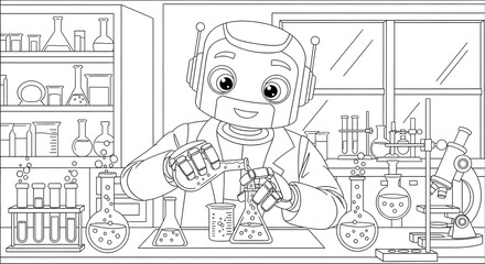 Engaging coloring page featuring a friendly robot scientist actively conducting a chemistry experiment in a detailed laboratory, perfect for inspiring scientific curiosity and learning