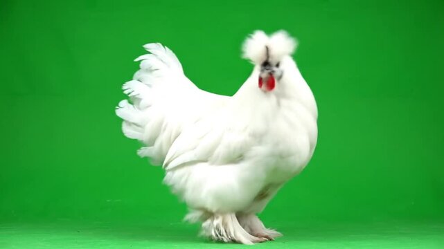 Cute white Silkie chicken shaking head on a green screen background