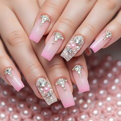 Pink Ombre Nails Adorned with Pearls and Rhinestones