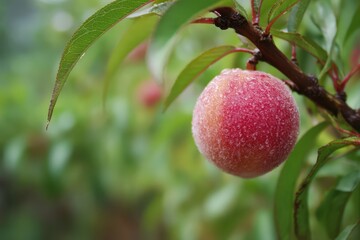 Obraz premium Close-Up of Ripe Peach Fuzz on Organic Fruit, Nestled Among Green Tree Branches in Nature