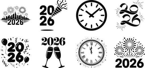 Happy new year 2026 celebration icon set, festive design elements