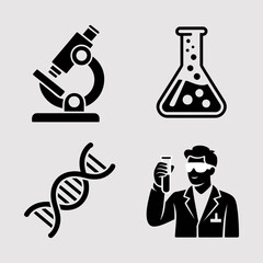 Science silhouette set with microscope, chemical flask, DNA helix, and scientist over gray background. Vector illustration.