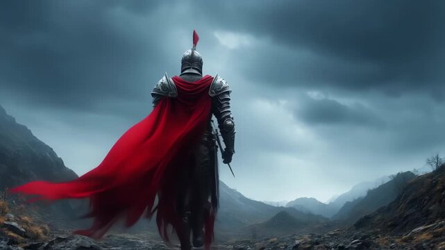 A medieval knight, draped in a red cape, surveys a misty mountain range beneath a cloudy sky