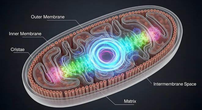 Detailed mitochondria illustration, energy powerhouse, cellular biology, anatomy, power.