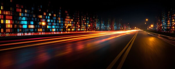 Night Drive Through Data City Long Exposure, Colorful Buildings, Speed Concept, Digital Landscape Data Visualization, Night Photography