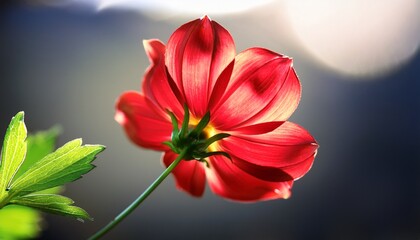 a flower with red petals and green stem blooming in natural light