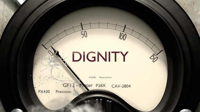Dignity meter showing low levels of dignity. Minimum and decreasing dignity value, below the norm. Lack of dignity. None of it, insufficient.