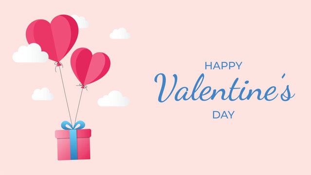 Happy valentines day greeting with pink heart balloons floating above a gift box against a soft pink background with clouds