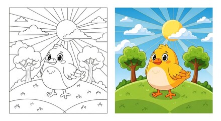 Coloring page and vibrant illustration of a cute yellow chick on a sunny hill with trees and clouds