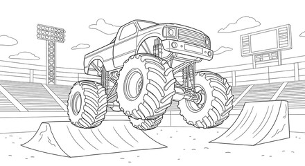 Dynamic line art of a powerful off-road truck performing a thrilling mid-air jump over dirt ramps in a stadium, capturing extreme motor sports