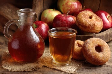 Autumn Delights: Fresh Apple Cider and Donuts at the Picnic Table on a Fruit Farm