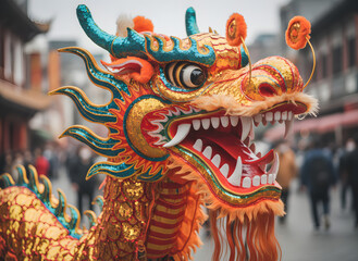 colorful chinese dragon performance during lunar new year event