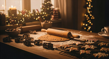 Cozy Christmas Kitchen Baking Gingerbread Cookies with Bokeh Lights