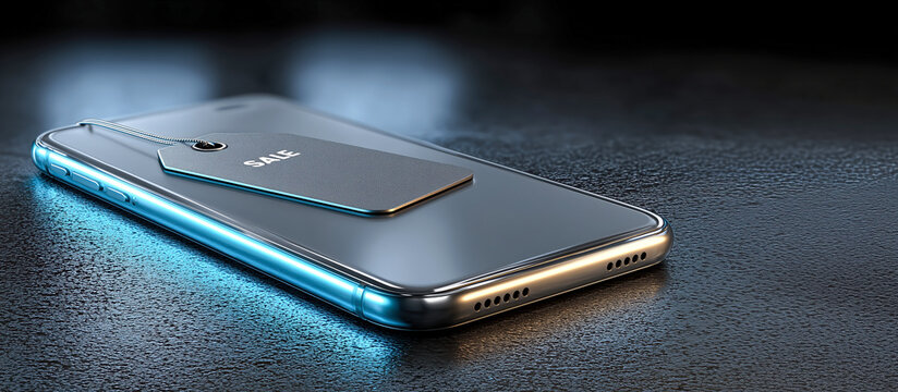 Sleek smartphone glowing edge metallic surface sale tag discount label modern gadget digital promotion glossy screen tech retail cyber light. Sleek smartphone with glowing edge metallic surface