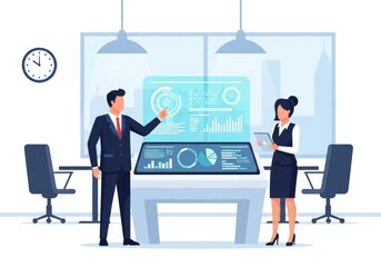 Business professionals interacting with a futuristic holographic dashboard for data analysis and strategic planning in a modern office