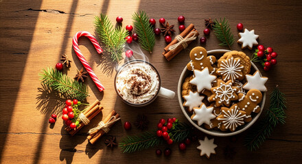 Christmas Flatlay with Hot Chocolate, Gingerbread Cookies, and Spices on Wood