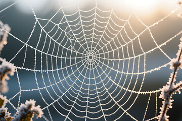 Magical Frost-Covered Spiderweb Glowing in the Sunrise Light, Delicate Winter Nature Macro

