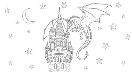 Enchanting night sky fantasy coloring page featuring a majestic dragon guarding a fairytale castle tower under a crescent moon and twinkling stars, perfect for kids and adults alike © American