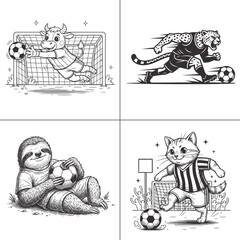 Naklejka premium Soccer Football Animal Mascot Bundle Leopard Sloth Calf Cat Goalkeeper Player Line Art Illustration Graphic