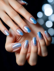 Close-up of female hands with stylish manicure against festive bokeh lights. Detailed nail design, glossy polish and elegant hand pose for beauty category.