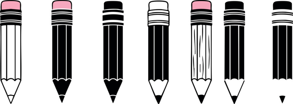 Pencil sketch style creative drawing tools set with pink erasers and black outlines vector illustration