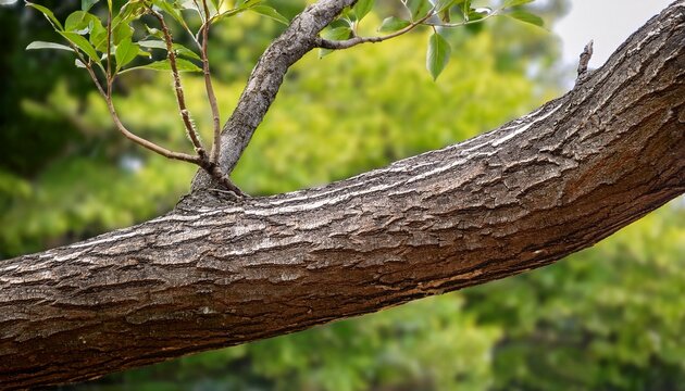 a tree branch with textured bark and minimal foliage